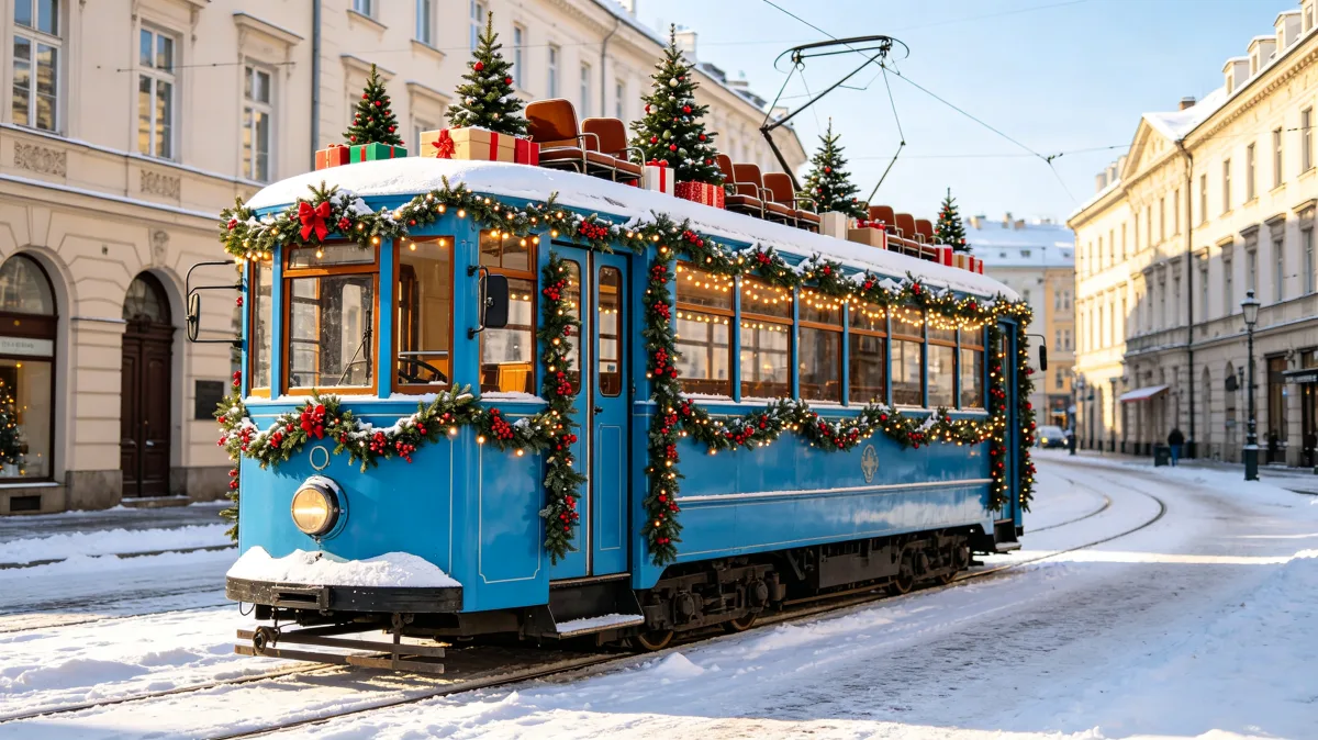 blue vintage tram decorated for Christmas on snowy street