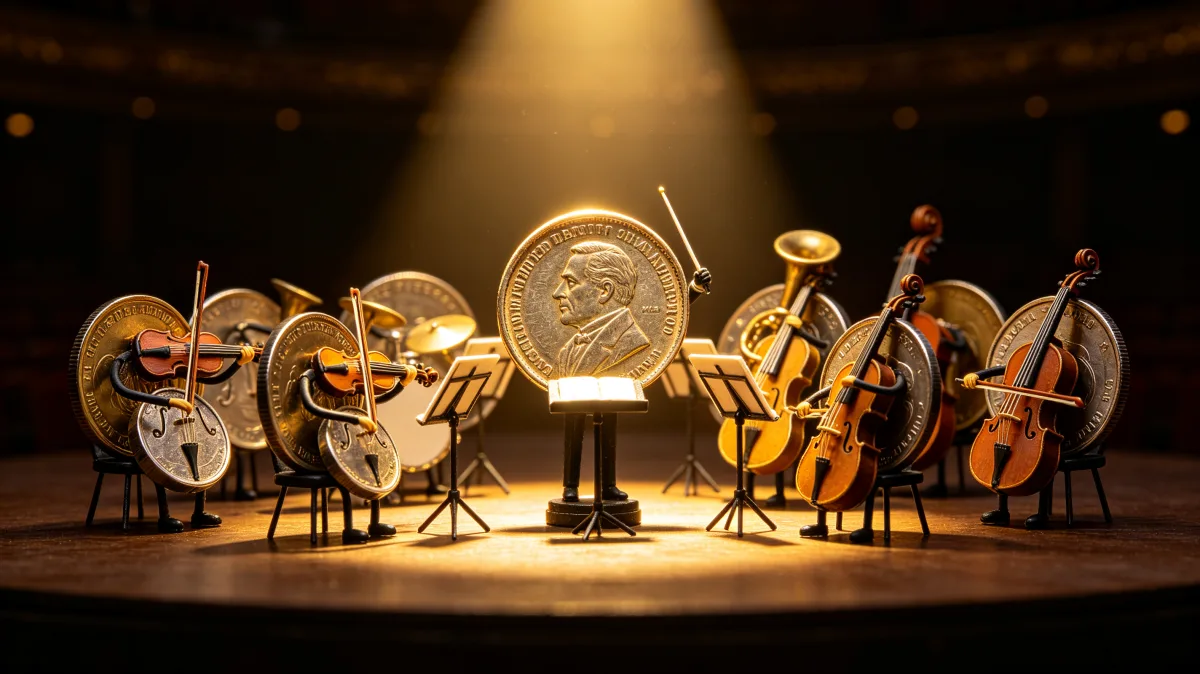Tiny musicians perform on a theater stage around a glowing coin under a spotlight, transforming finance into a performance about coordination, markets, value, and attention.