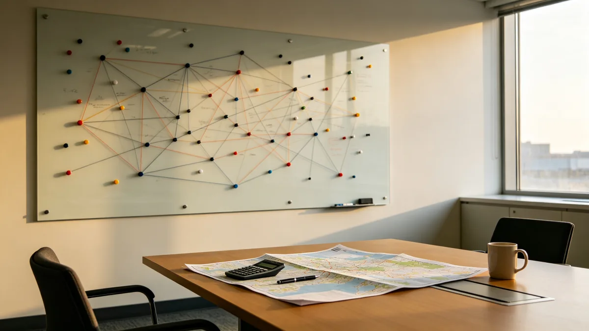 meeting room with supply network diagram and planning maps