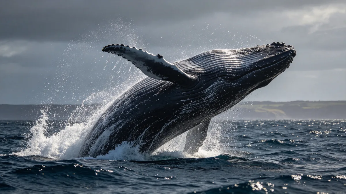 Humpback whale breaching from stormy sea