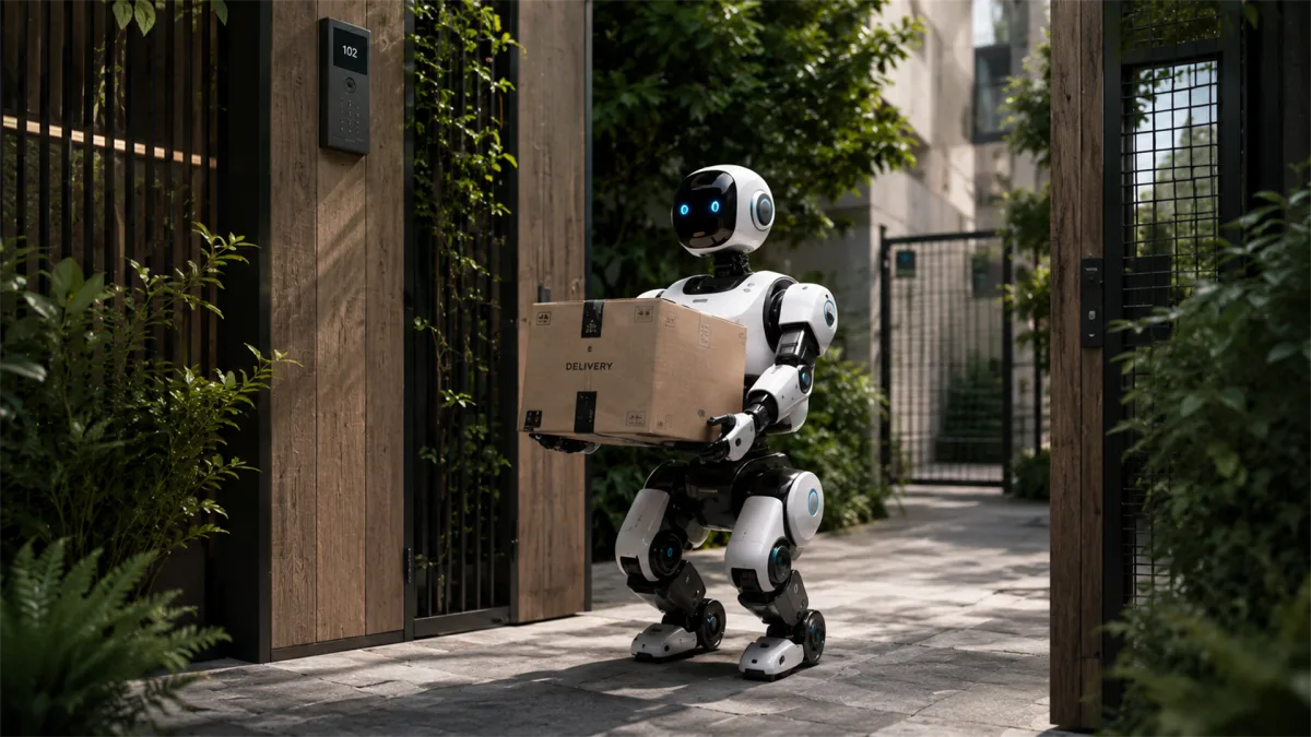 A humanoid robot stands by a residential gate, suggesting future home security, assistance, and neighborhood service robotics.