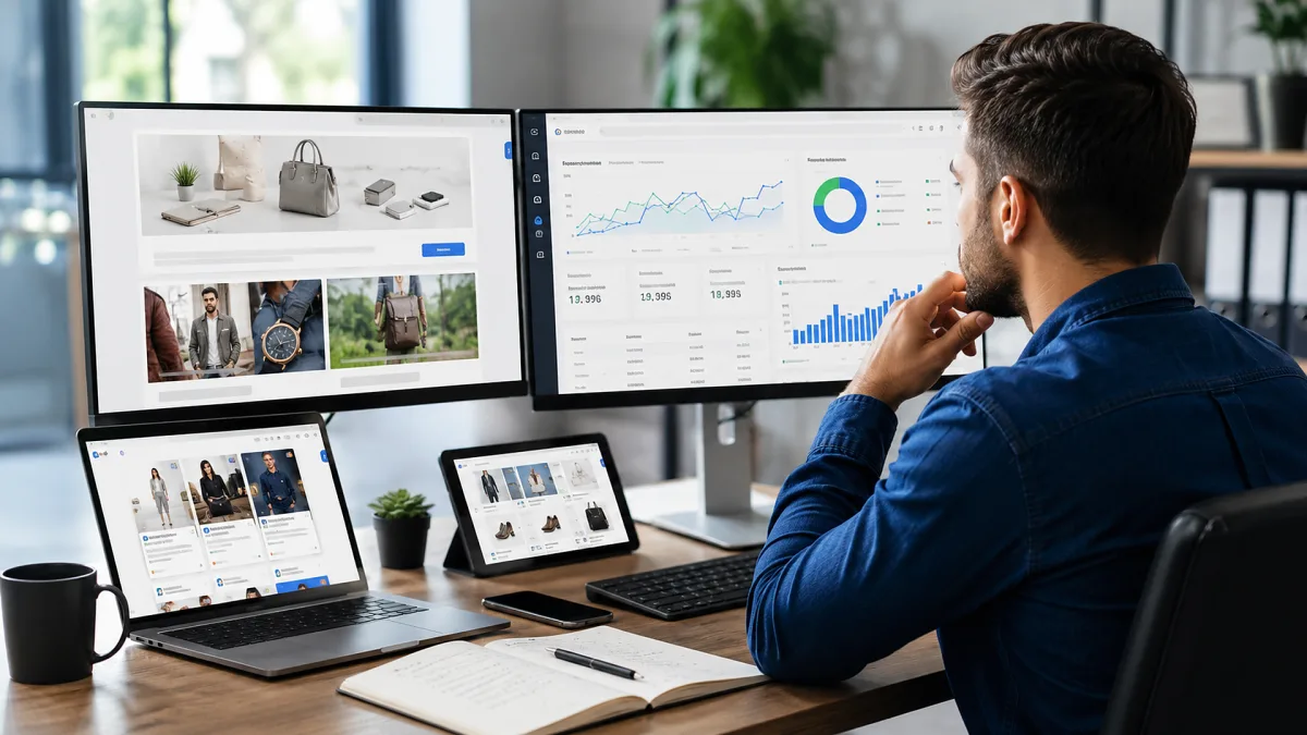 Multiple screens show online store pages, product grids, and analytics across a work desk.