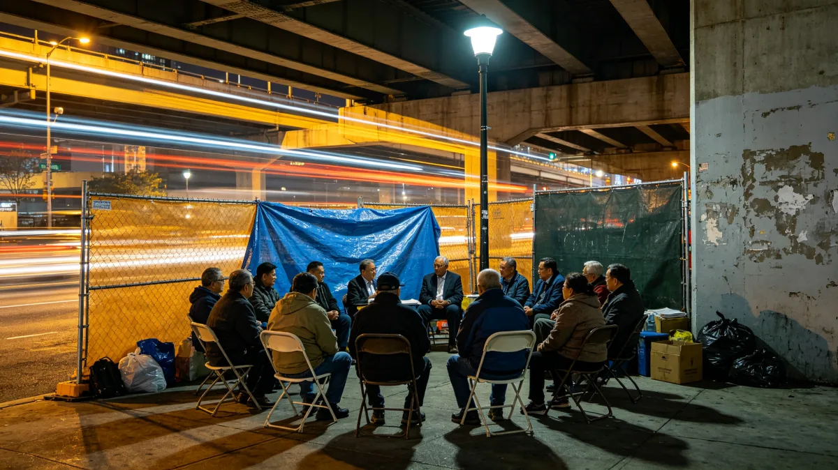 a small community meeting sits beneath an overpass with long-exposure traffic lights.