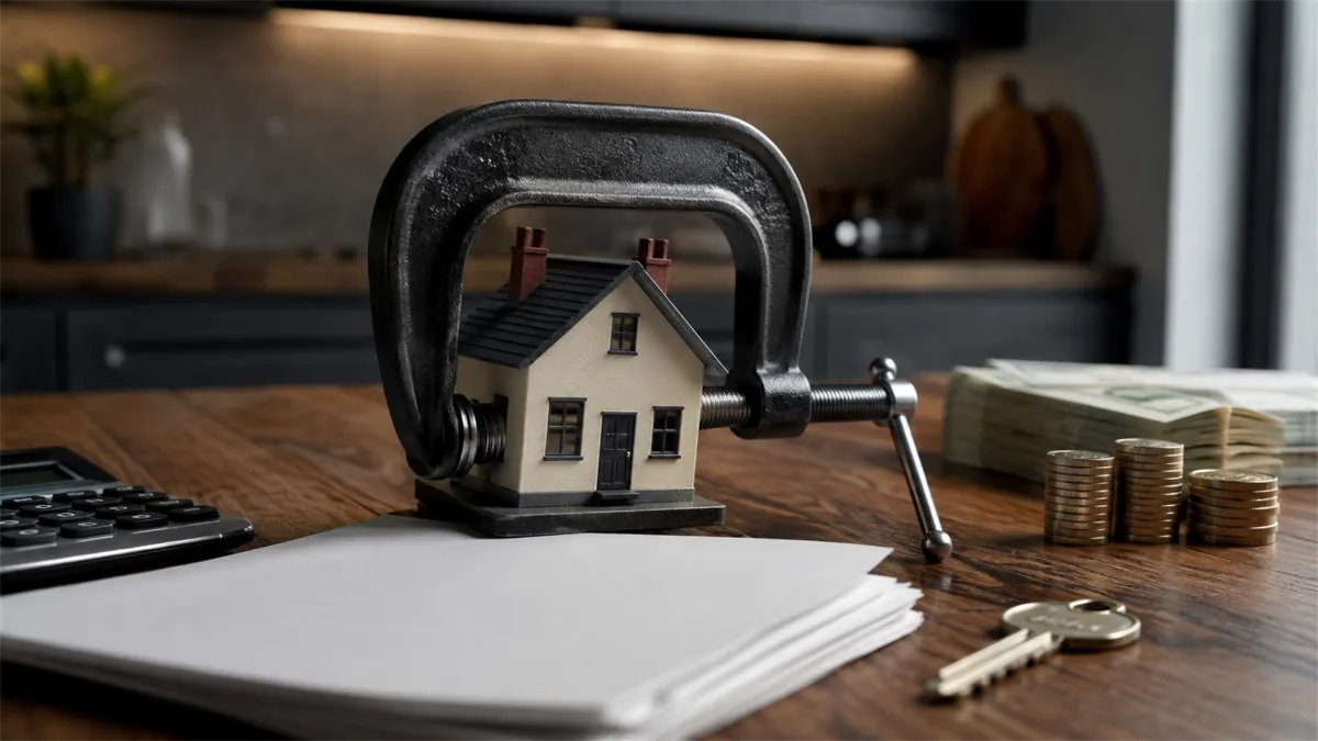 A model house is locked in a clamp beside keys and coins, suggesting mortgage pressure, restricted ownership, and financial risk around housing.