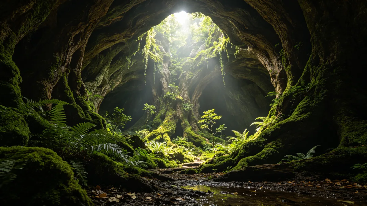 circular tunnel of mossy roots framing sunlit forest floor