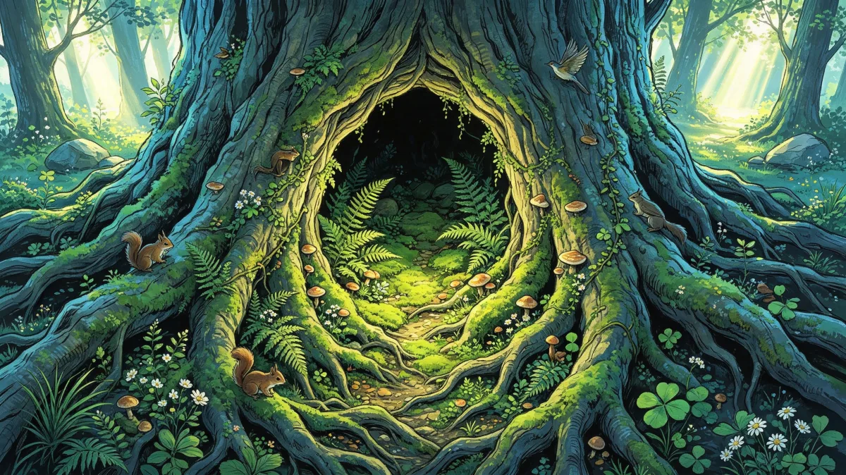 the hollow base of a huge tree opens like a tunnel into a glowing green forest path, creating a powerful fairytale doorway image about old woods, shelter, discovery, and entering a living landscape.