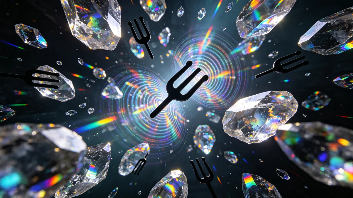 Forks, crystals, and rainbow reflections float through a dark surreal space.