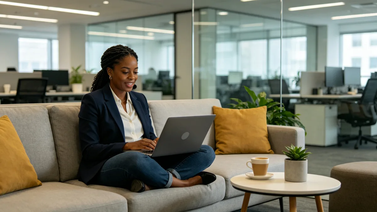 A woman works on a laptop from a comfortable office lounge with cushions, plants, coffee, and open desks in the background, showing flexible workplace culture and casual professional focus.