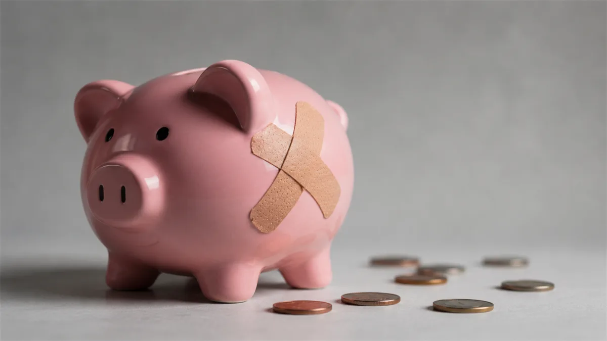 A pink piggy bank patched with a bandage stands near scattered coins, representing strained savings, household budgeting, and financial repair.