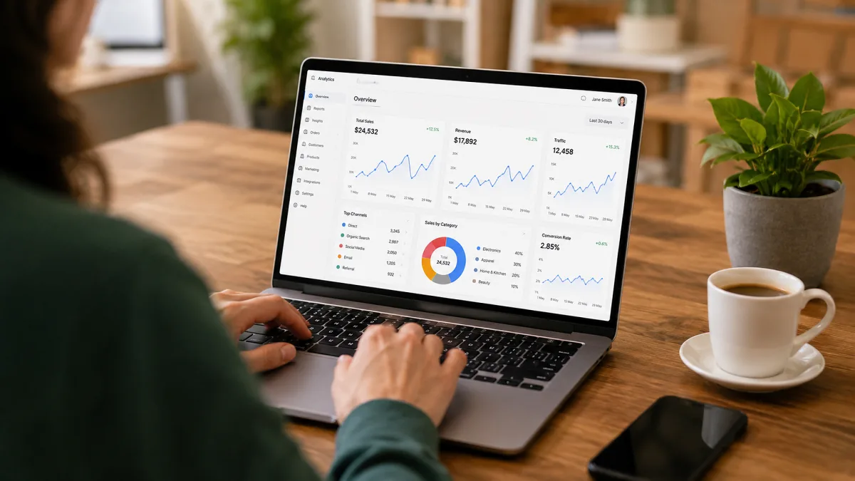 A laptop shows sales charts, customer data, and ecommerce metrics beside coffee on a home desk.