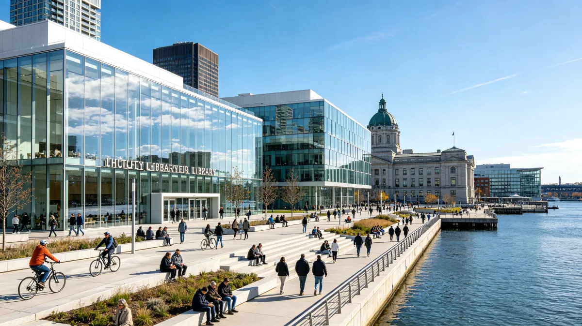 people walk and cycle outside a waterfront civic building with glass facade.