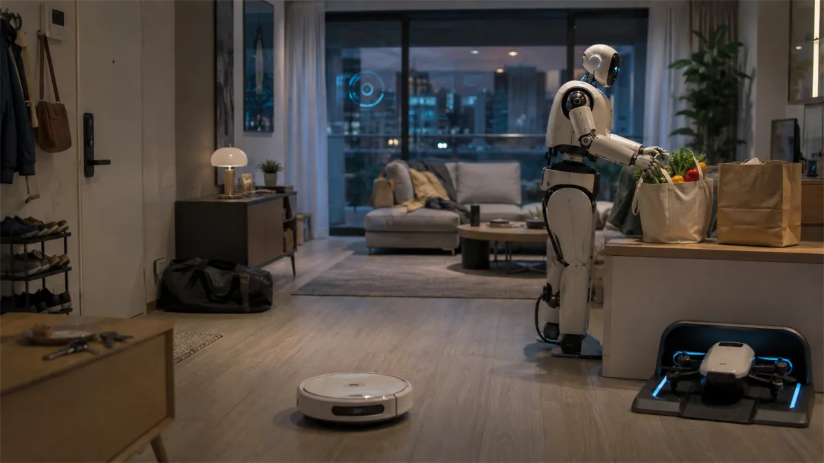A humanoid home robot carries groceries through a modern apartment while a robot vacuum and charging dock operate nearby.