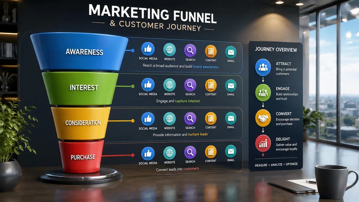 A large screen visualizes a marketing funnel and customer journey stages from awareness to purchase, with icons, metrics, and a coffee cup nearby.