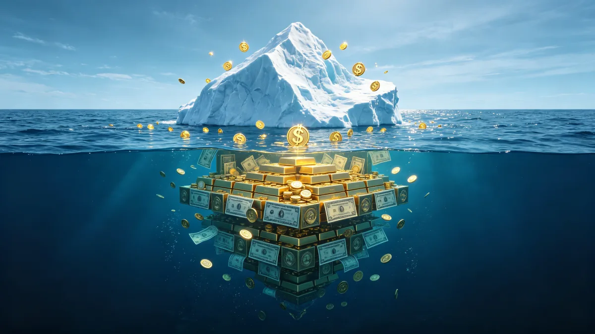 A floating iceberg rises above a stack of cash and gold bars hidden beneath the waterline, showing visible versus hidden assets, reserves, risk, and the unseen structure behind wealth.