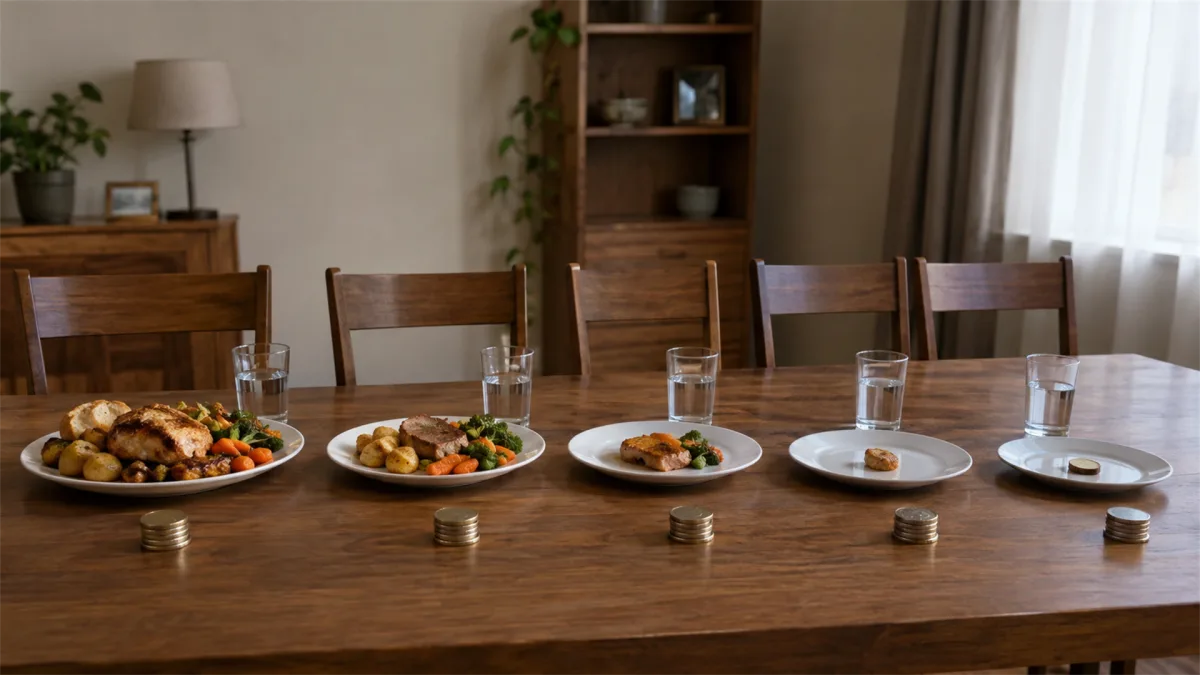 A dining table has plates with smaller portions and empty chairs, suggesting food budgets, household cutbacks, and changing consumption.