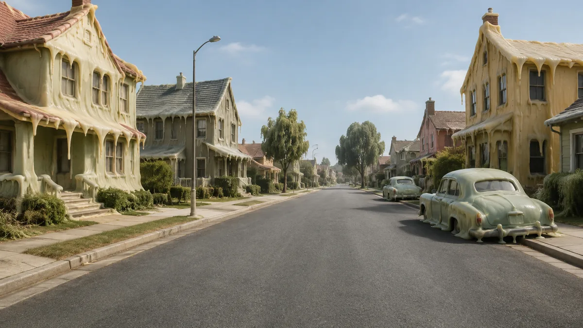 An empty suburban street with old cars creates a still uncanny town scene.