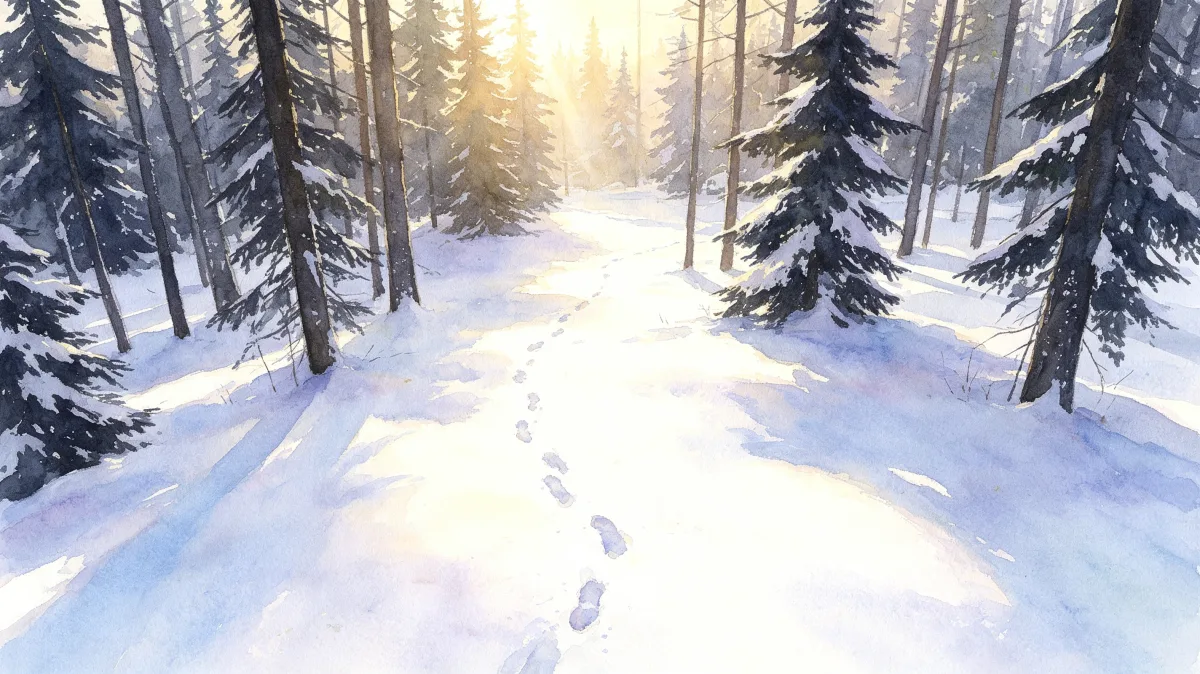 Snowy pine forest path with sunlight and footprints