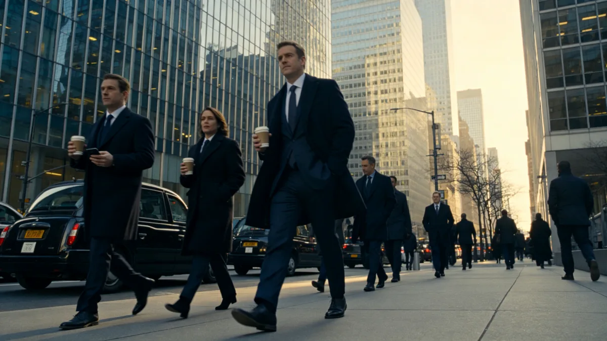 Professionals walking through downtown business district