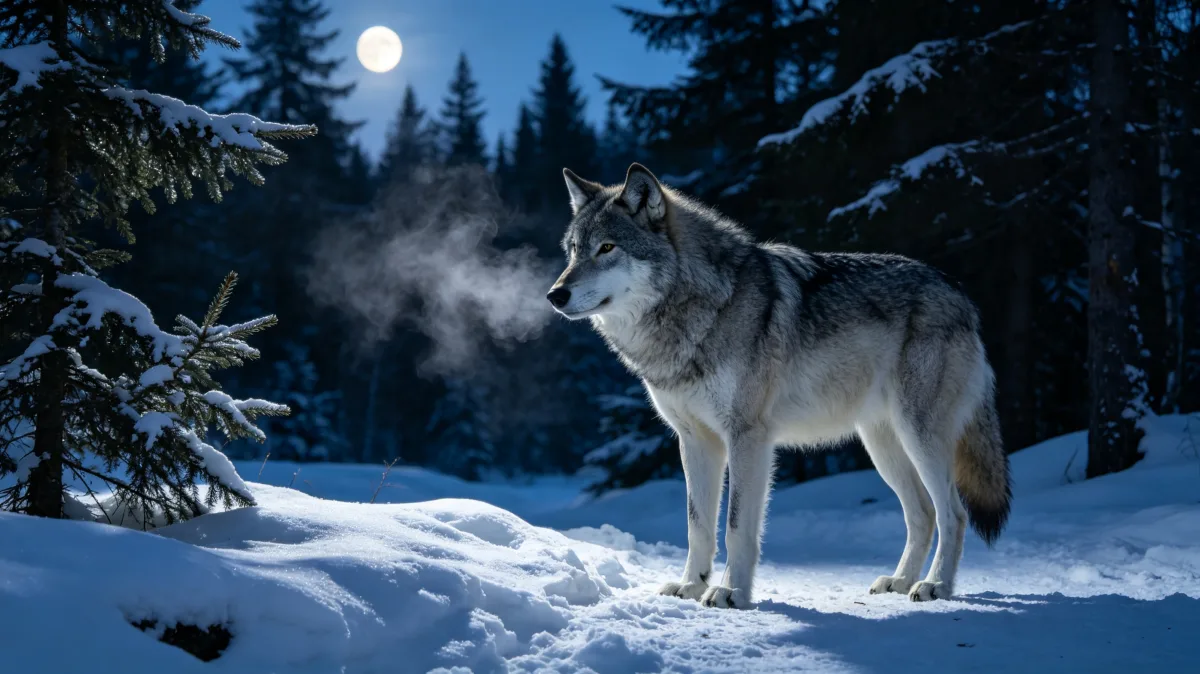 Grey wolf standing in snowy forest under moonlight
