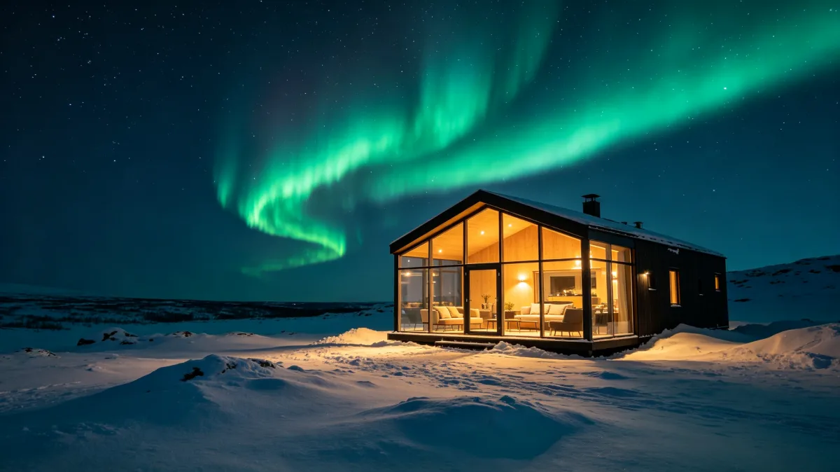Aurora Cabin In Arctic Snow