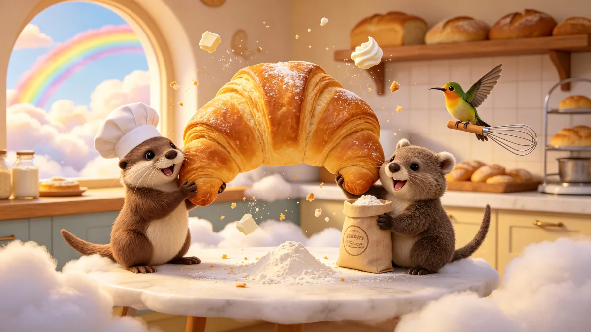 A colorful storybook cartoon scene featuring otters baking giant croissant, designed for playful children-friendly illustration use.