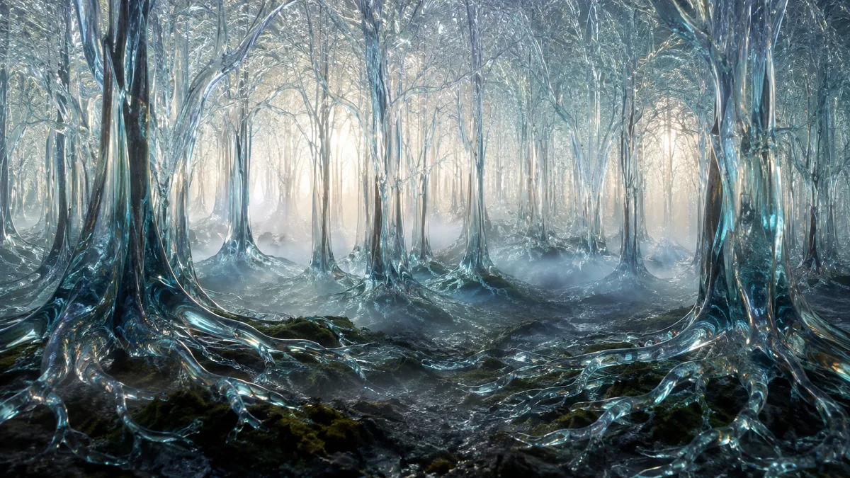 A forest of metallic glass-like trees glows with pale cold light.