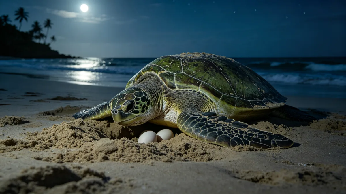 Green sea turtle nesting under moonlight on seashore.