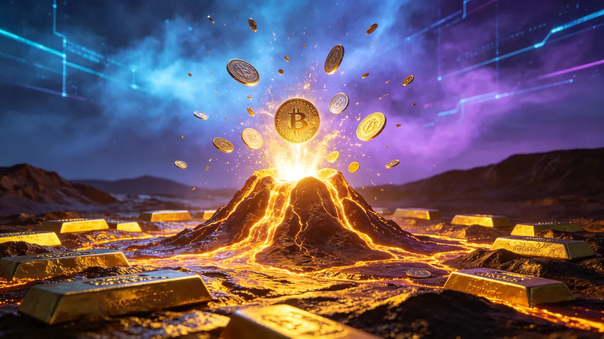 A volcanic landscape erupts with gold coins, banknotes, and fiery light, turning money into a force of pressure, release, volatility, and explosive market movement.