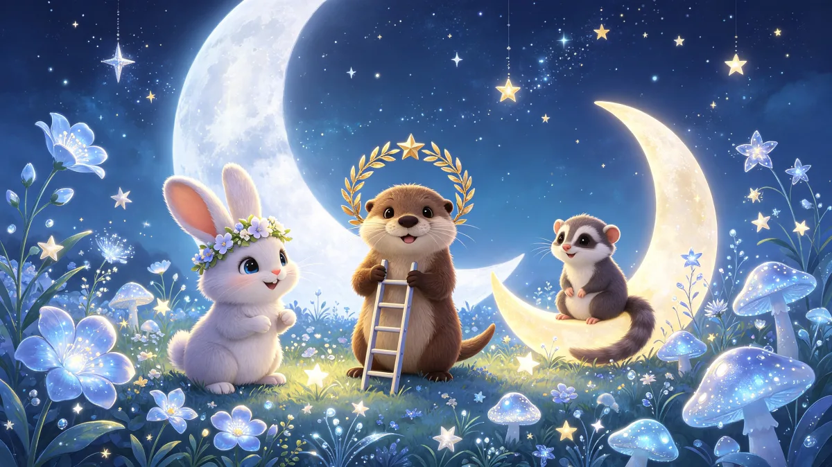 A colorful storybook cartoon scene featuring moon garden animal royal portrait, designed for playful children-friendly illustration use.