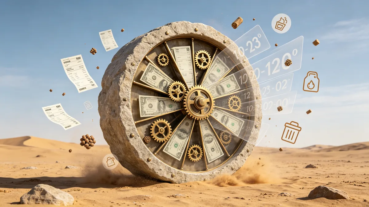 A massive circular wheel made of dollar bills, coins, cards, and financial symbols rolls across desert sand, creating a strong concept about financial cycles, momentum, risk, and economic machinery.