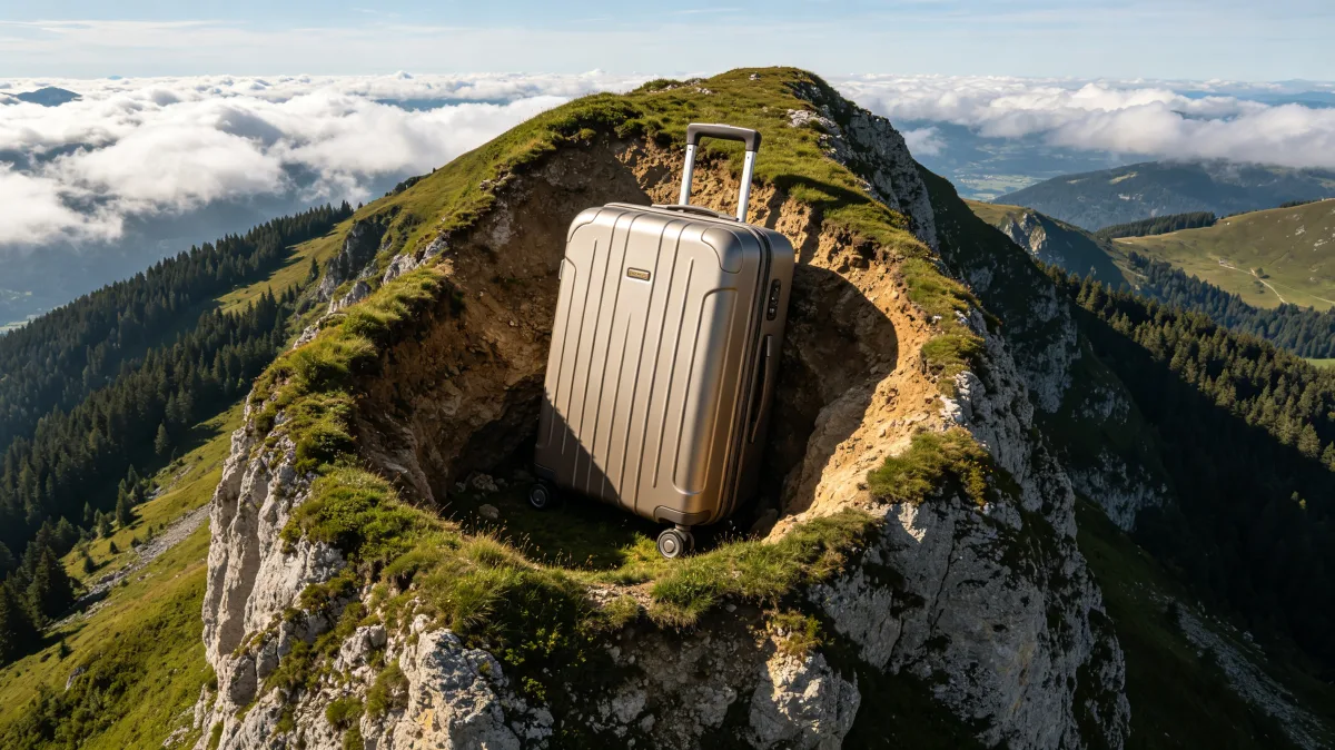 a giant suitcase appears lodged into a mountain trail above clouds, suggesting travel, migration, baggage, adventure, delayed journeys, and the emotional weight of movement across landscapes.