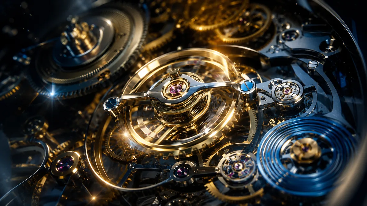 macro view of luxury watch gears and jeweled mechanisms