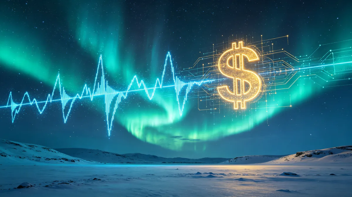 A glowing dollar symbol appears in a neon waveform under aurora-like light across a snowy landscape, creating an abstract finance signal about market cycles, economic pulses, and digital currency...