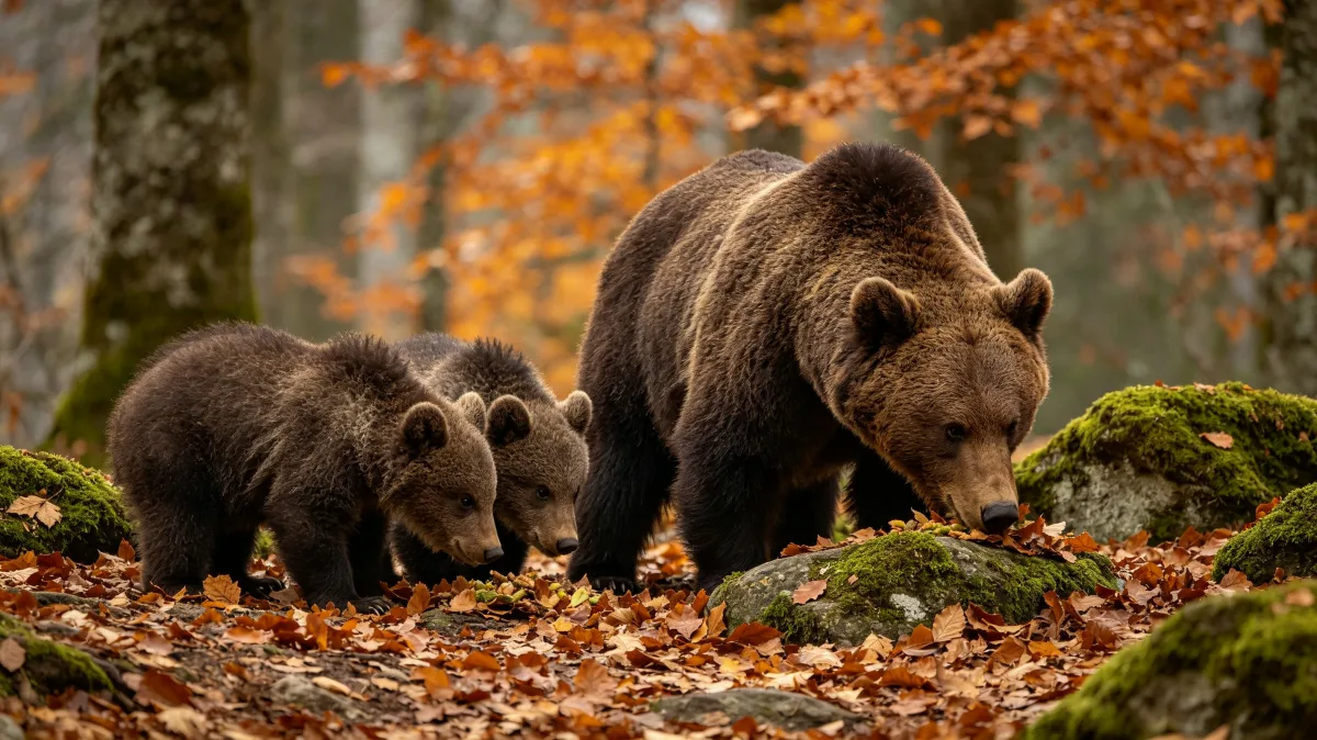 Mother brown bear walking with cubs through autumn forest