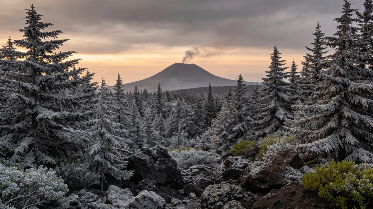 snow-covered spruce forest with distant mountain at dusk
