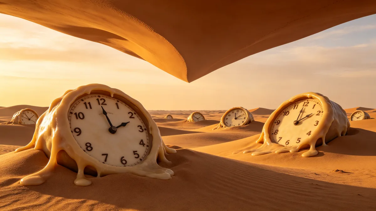 Soft clocks melt over desert sand under a warm sky.