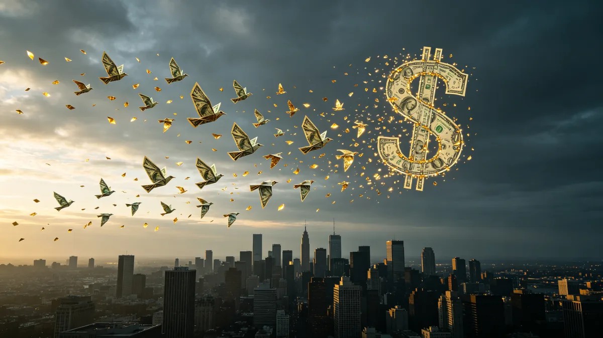 A glowing dollar symbol breaks into flying bird-like fragments over a city skyline under dramatic clouds, suggesting capital movement, money leaving or spreading, financial freedom, and...