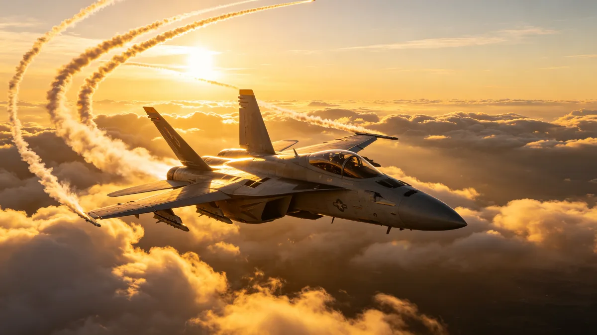 Fighter Jet Flying Above Golden Clouds
