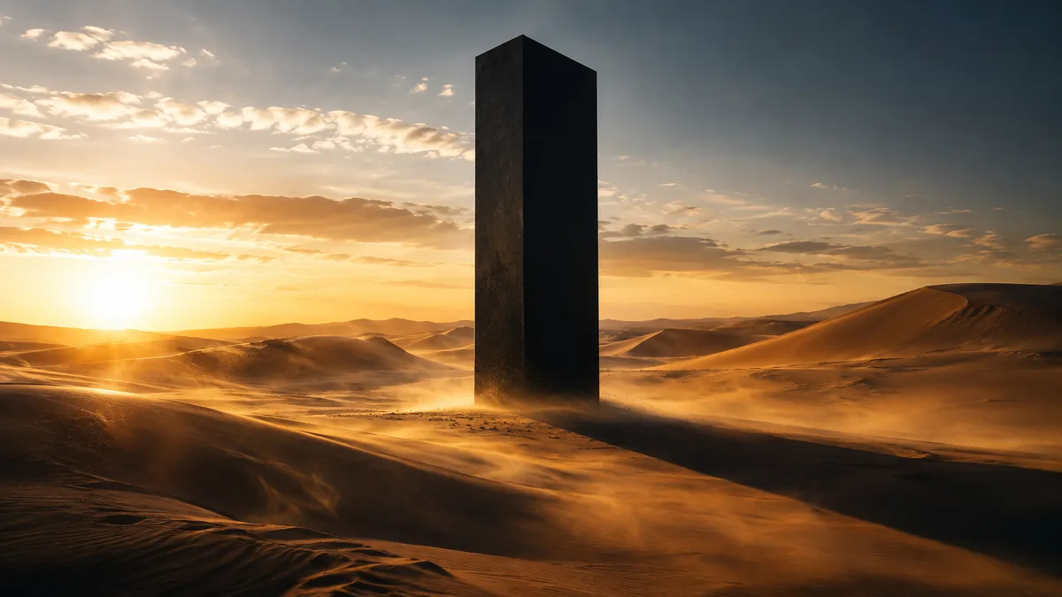 black monolith standing in desert dunes at sunrise