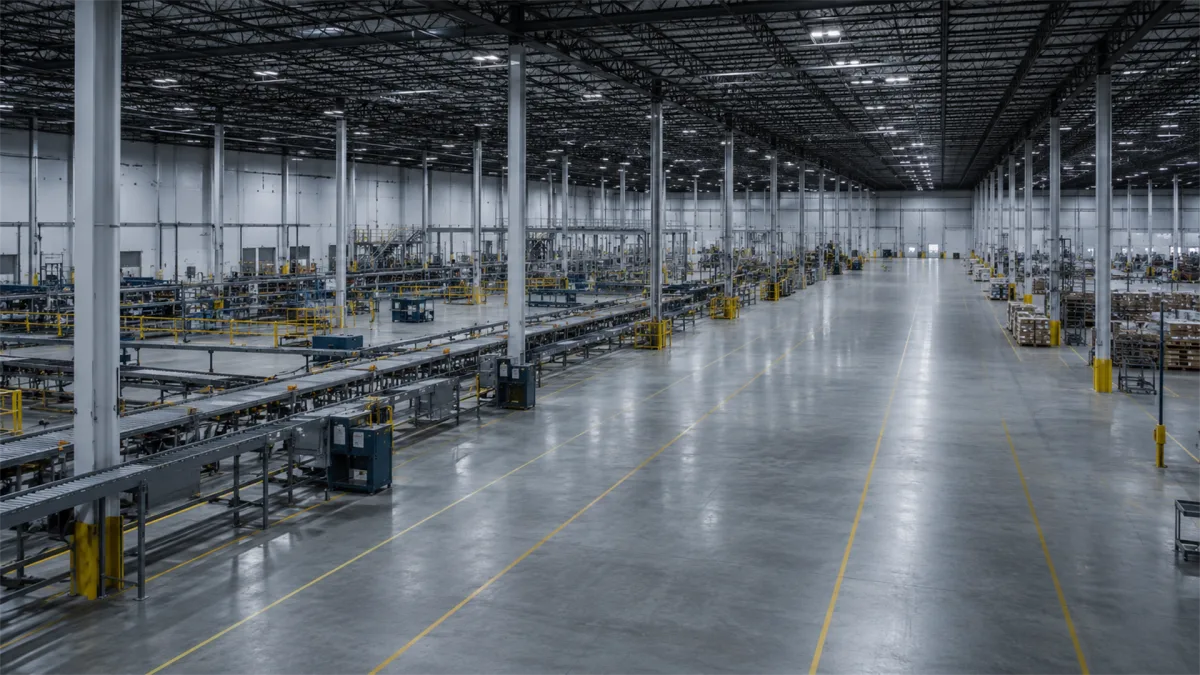 A vast industrial warehouse floor sits mostly empty, suggesting capacity, vacancy, underused production space, or logistics contraction.