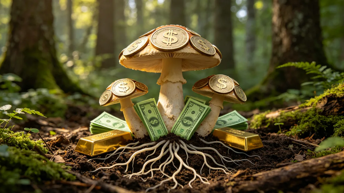 Mushrooms capped with coins grow from forest soil around dollar bills and gold bars, turning wealth into an organic forest ecosystem about hidden value, growth, and unexpected financial discovery.