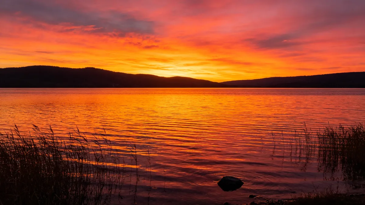 Fiery red and orange sunset reflected across a quiet lake with reeds and dark hills.