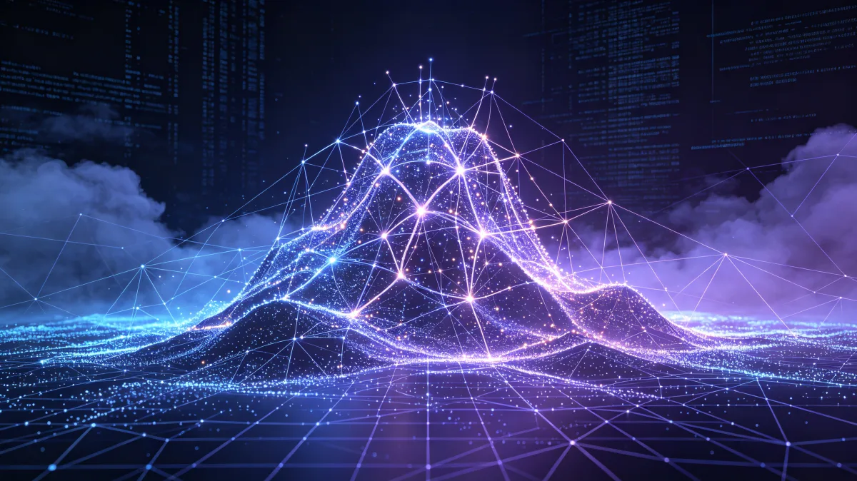Glowing abstract neural data wave with purple and blue digital particles