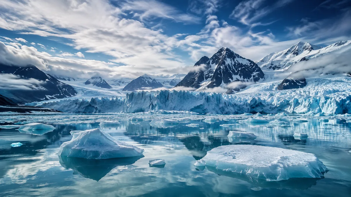 Blue icebergs and snowy mountains fill a bright polar seascape.