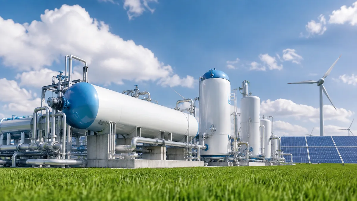 A hydrogen and solar energy facility combines storage tanks, wind turbines, and photovoltaic panels.