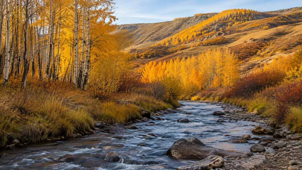 A stream flows past golden autumn trees in a quiet mountain valley.