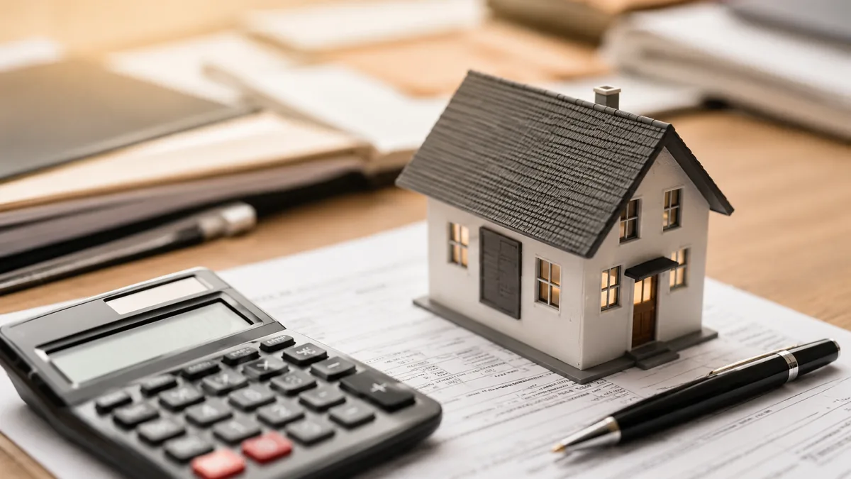 A small house model sits beside a calculator, pen, and paperwork for mortgage planning, property budgeting, or loan approval.