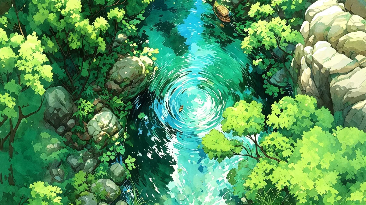 Overhead fantasy creek with aqua water and green foliage