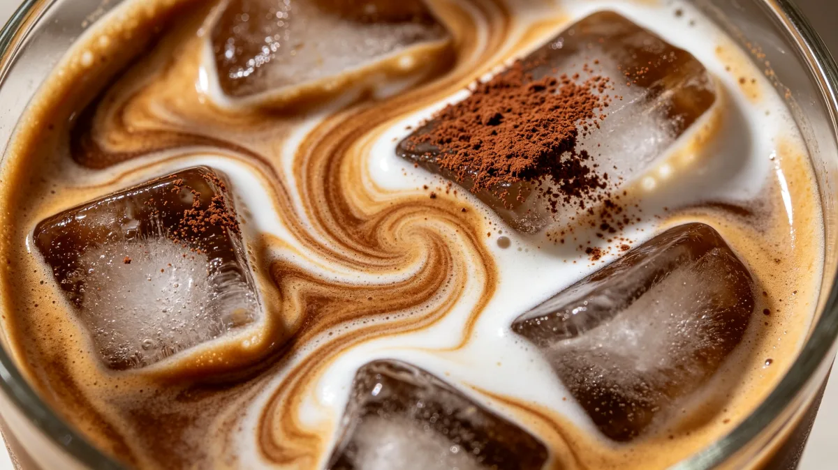 iced coffee with ice cubes cocoa dust and cream swirl