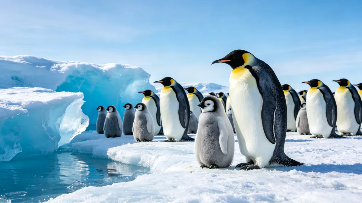 Emperor penguins gathered on Antarctic ice near blue glacier